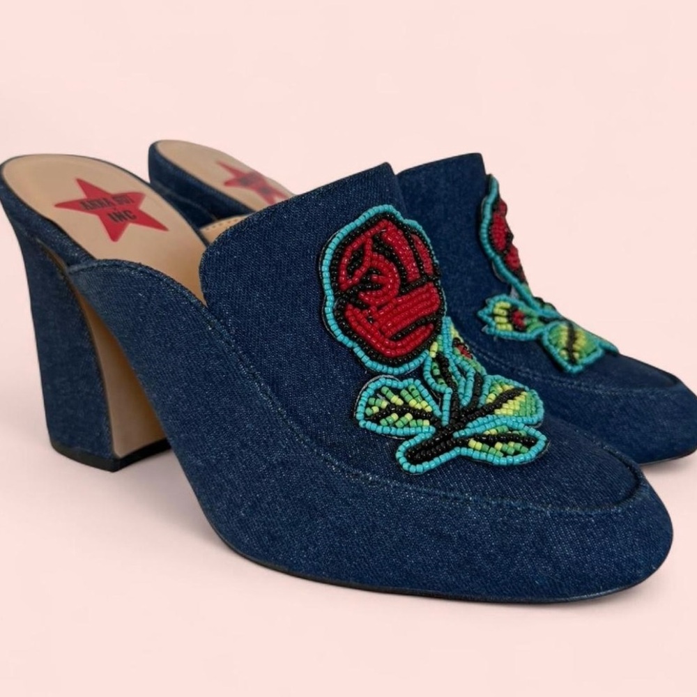 Anna Sui Blue Denim Embroidered Platform Mules. Look brand new.